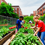 **A vibrant urban garden in Brooklyn, New York, bursting with tomatoes, peppers, and herbs. Local volunteers are working together, tending to the plants, with children learning about gardening from an experienced gardener. The garden is surrounded by apartment buildings, showing how it brings life back into the neighborhood. Focus on the community aspect and the educational opportunities.**