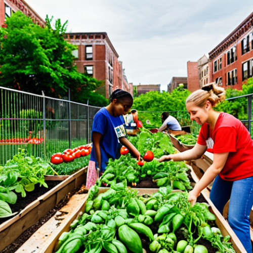 **A vibrant urban garden in Brooklyn, New York, bursting with tomatoes, peppers, and herbs. Local volunteers are working together, tending to the plants, with children learning about gardening from an experienced gardener. The garden is surrounded by apartment buildings, showing how it brings life back into the neighborhood. Focus on the community aspect and the educational opportunities.**