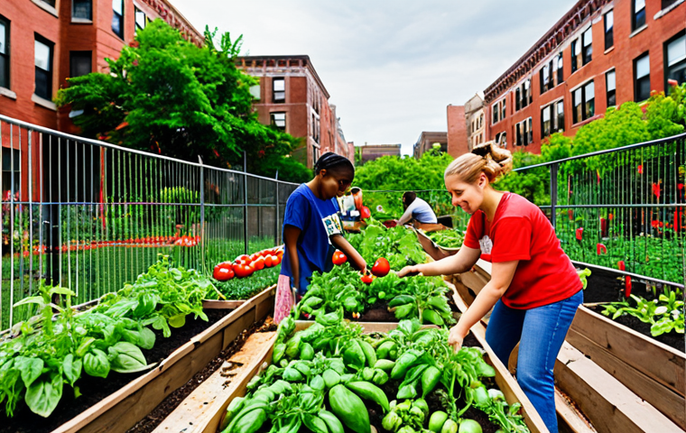 **A vibrant urban garden in Brooklyn, New York, bursting with tomatoes, peppers, and herbs. Local volunteers are working together, tending to the plants, with children learning about gardening from an experienced gardener. The garden is surrounded by apartment buildings, showing how it brings life back into the neighborhood. Focus on the community aspect and the educational opportunities.**