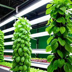 **

A vibrant, close-up shot of leafy greens growing in a vertical hydroponic system inside a repurposed warehouse. The lighting is bright and artificial, highlighting the lush growth. Sensors and digital displays are subtly visible in the background. Focus on the freshness and abundance of the produce. The overall feel should be modern, innovative, and sustainable. Keywords: vertical farm, hydroponics, urban agriculture, fresh produce, sustainability, technology.

**