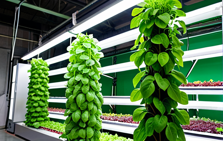 **

A vibrant, close-up shot of leafy greens growing in a vertical hydroponic system inside a repurposed warehouse. The lighting is bright and artificial, highlighting the lush growth. Sensors and digital displays are subtly visible in the background. Focus on the freshness and abundance of the produce. The overall feel should be modern, innovative, and sustainable. Keywords: vertical farm, hydroponics, urban agriculture, fresh produce, sustainability, technology.

**