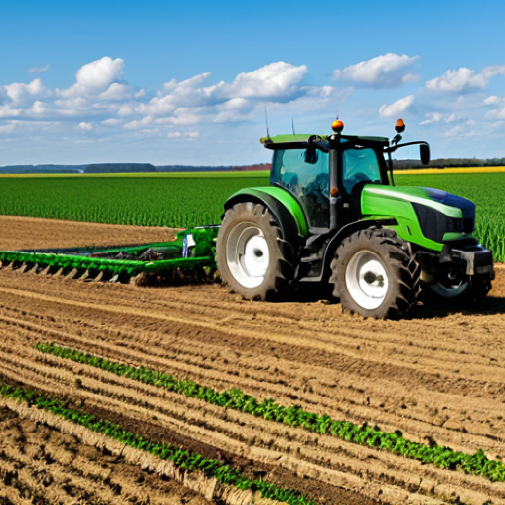 No-Till Farming Success**
A vast, rolling farmland landscape showcasing a field of vibrant green crops growing amidst the golden-brown residue of last season's harvest. The sky is a clear blue with fluffy white clouds. Focus on the healthy crop growth and the undisturbed soil. In the background, a modern tractor equipped with no-till planting equipment is visible. Ensure perfect anatomy and correct proportions in any visible human or animal elements (none required but possible). Fully clothed farmer inspecting the crops. Safe for work, appropriate content, fully clothed, professional, high-resolution, detailed, realistic.
**