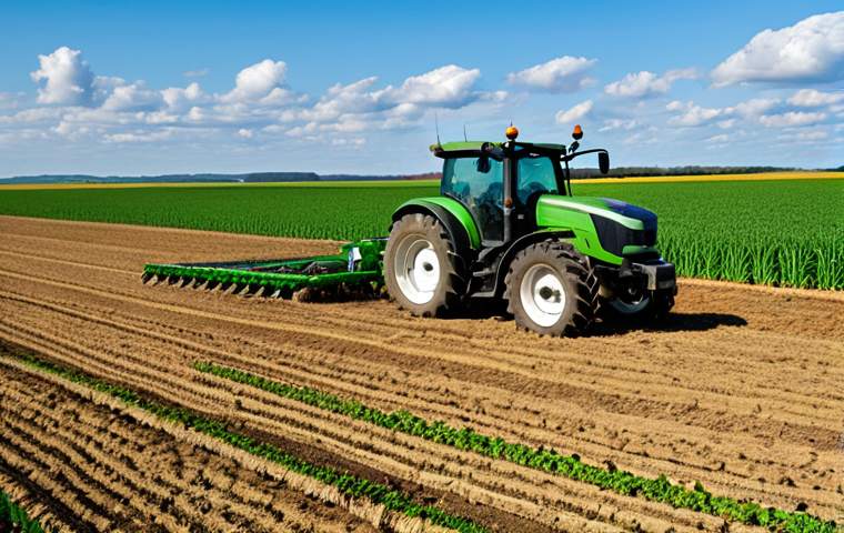 No-Till Farming Success**
A vast, rolling farmland landscape showcasing a field of vibrant green crops growing amidst the golden-brown residue of last season's harvest. The sky is a clear blue with fluffy white clouds. Focus on the healthy crop growth and the undisturbed soil. In the background, a modern tractor equipped with no-till planting equipment is visible. Ensure perfect anatomy and correct proportions in any visible human or animal elements (none required but possible). Fully clothed farmer inspecting the crops. Safe for work, appropriate content, fully clothed, professional, high-resolution, detailed, realistic.
**