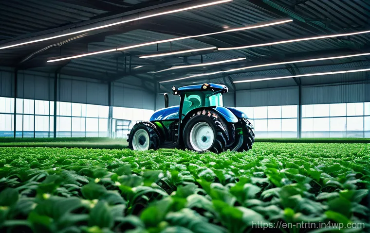 스마트 농업의 글로벌 시장 전망 - **Prompt:** "A wide, vibrant green agricultural field under a clear blue sky. In the foreground, a d...