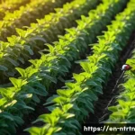 Home 22 농업에서의 생물학적 방제 기술 - A vibrant, healthy organic farm field at sunrise. The soft, golden light illuminates rows of diverse...