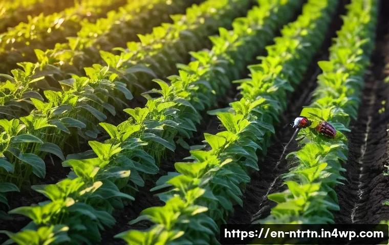 농업에서의 생물학적 방제 기술 - A vibrant, healthy organic farm field at sunrise. The soft, golden light illuminates rows of diverse...