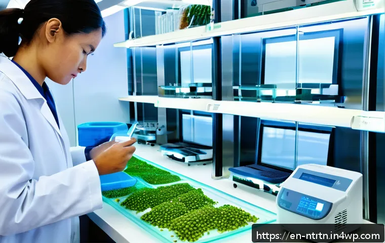 영양소 강화 식품의 개발 과정 - A highly detailed laboratory scene showcasing scientists in white lab coats working with advanced fo...