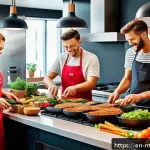 Home 20 대체 식량 대중화의 기회와 도전 - A vibrant, modern kitchen scene showcasing a diverse group of people cooking and enjoying plant-base...