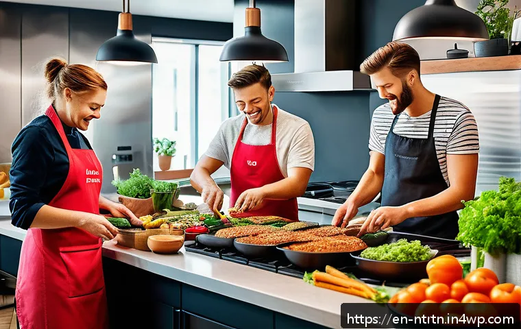 대체 식량 대중화의 기회와 도전 - A vibrant, modern kitchen scene showcasing a diverse group of people cooking and enjoying plant-base...
