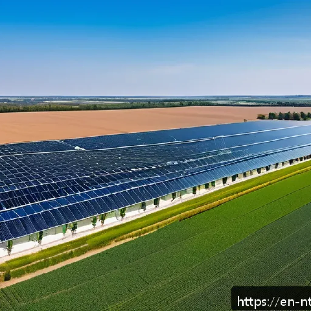 식량 생산을 위한 새로운 에너지 솔루션 - A modern greenhouse on a sunny farm, covered with sleek solar panels on the roof and surrounding fie...