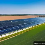 Home 18 식량 생산을 위한 새로운 에너지 솔루션 - A modern greenhouse on a sunny farm, covered with sleek solar panels on the roof and surrounding fie...