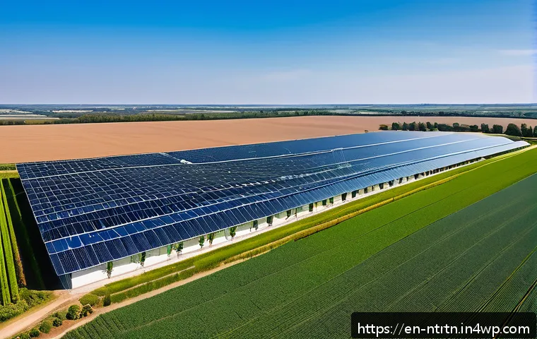 식량 생산을 위한 새로운 에너지 솔루션 - A modern greenhouse on a sunny farm, covered with sleek solar panels on the roof and surrounding fie...