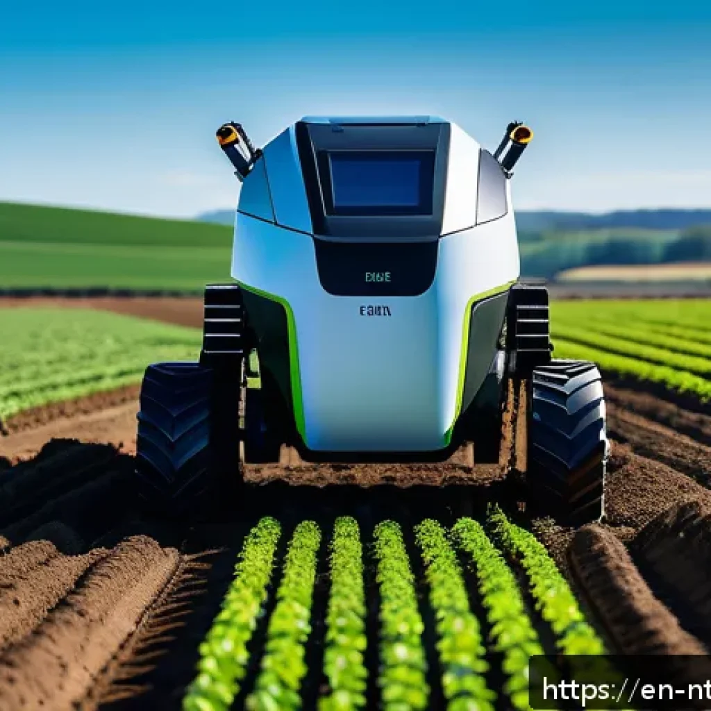 인공 지능을 활용한 농업 맞춤 솔루션 - A high-tech precision planting scene on a modern farm during early morning light, featuring an AI-gu...