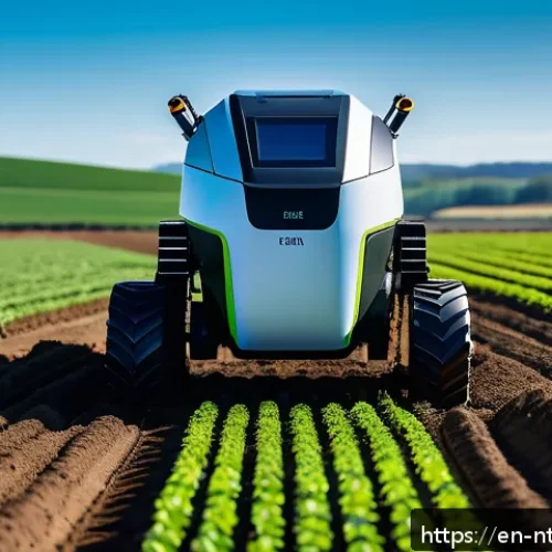 Home 17 인공 지능을 활용한 농업 맞춤 솔루션 - A high-tech precision planting scene on a modern farm during early morning light, featuring an AI-gu...