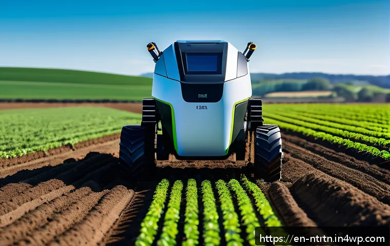 인공 지능을 활용한 농업 맞춤 솔루션 - A high-tech precision planting scene on a modern farm during early morning light, featuring an AI-gu...