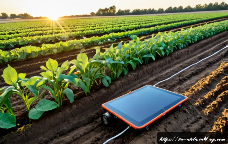 Home 17 농업의 회복력 강화를 위한 기술 - Photorealistic wide-angle view of a resilient American farm at sunrise, a middle-aged farmer in prac...